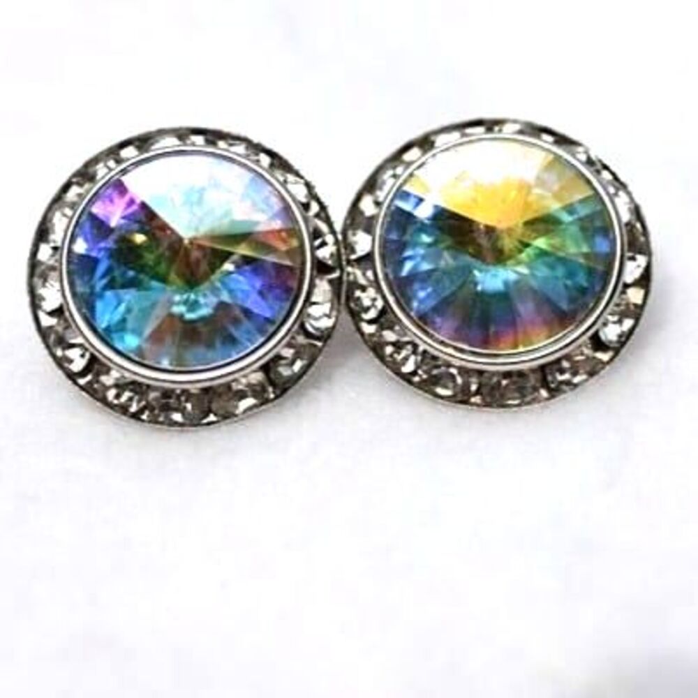 Vintage Aurora Center Clear Crystal Rhinestone Silver Tone Post Earrings
